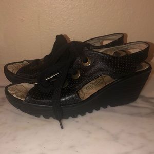 Fly London perforated leather lace wedge sandal